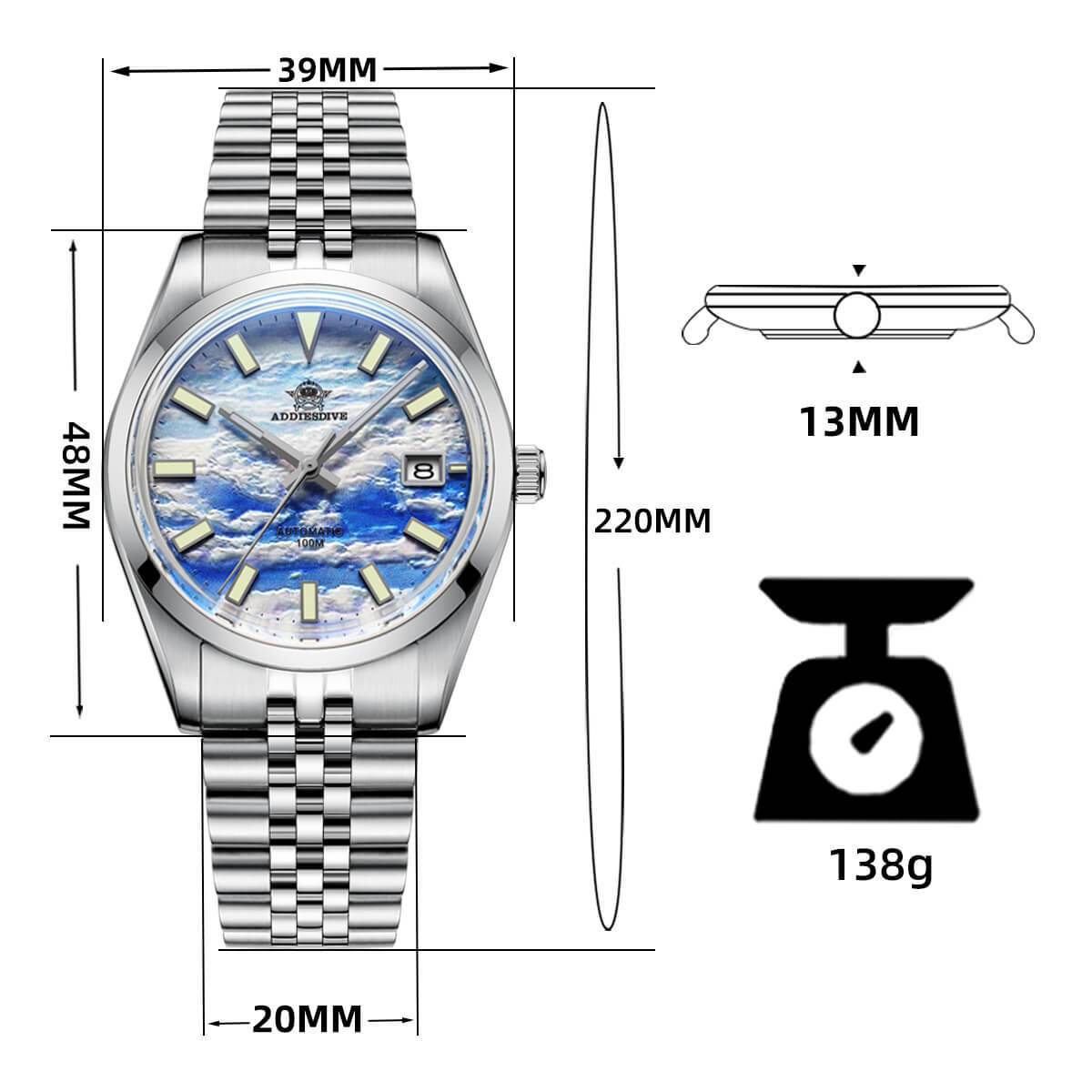 Addiesdive Reloj automático 39mm 3D Sea of Clouds Dial(AD2041)-