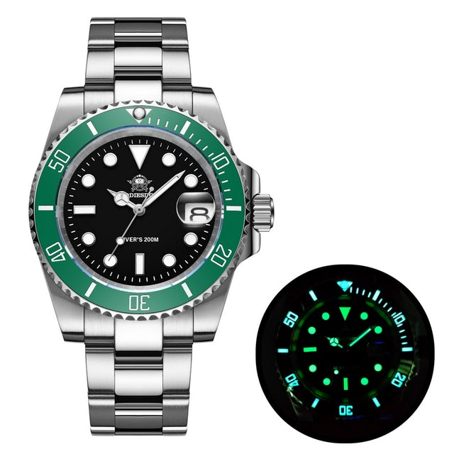 ★Especial Graduación★ADDIESDIVE Reloj Sub Quartz Diver's 200M (H3QZ)-sport watch-Correa de acero inoxidable-Verde+Negro-