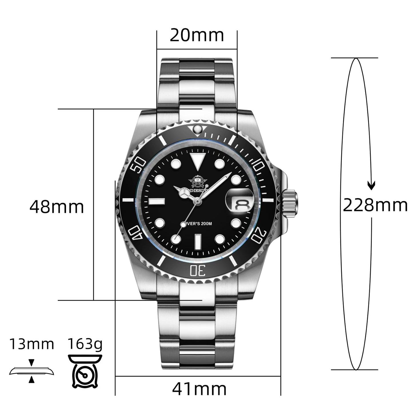 ★Especial Graduación★ADDIESDIVE Reloj Sub Quartz Diver's 200M (H3QZ)-sport watch-Correa de acero inoxidable-Negro-