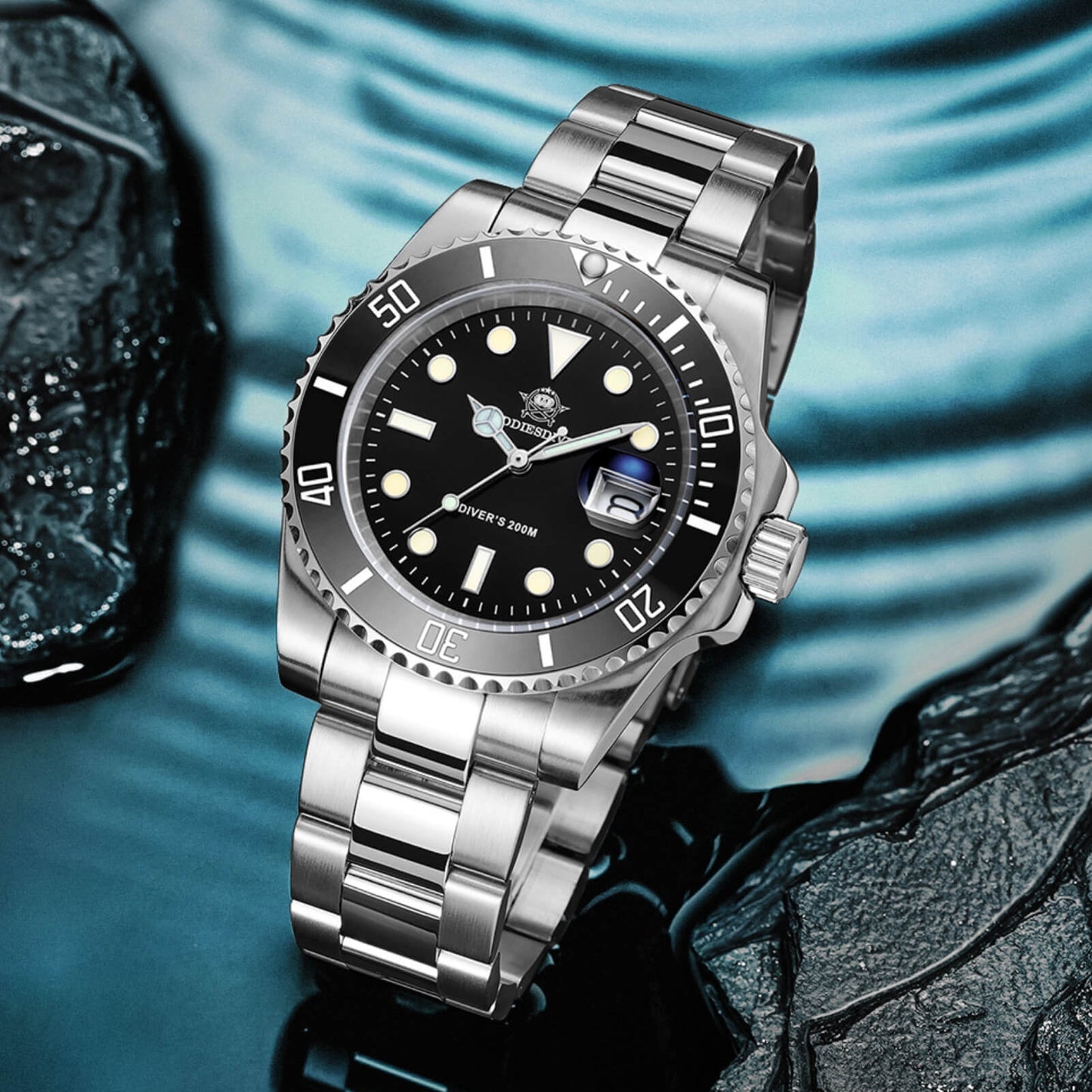 ★Especial Graduación★ADDIESDIVE Reloj Sub Quartz Diver's 200M (H3QZ)-sport watch-Correa de acero inoxidable-Negro-