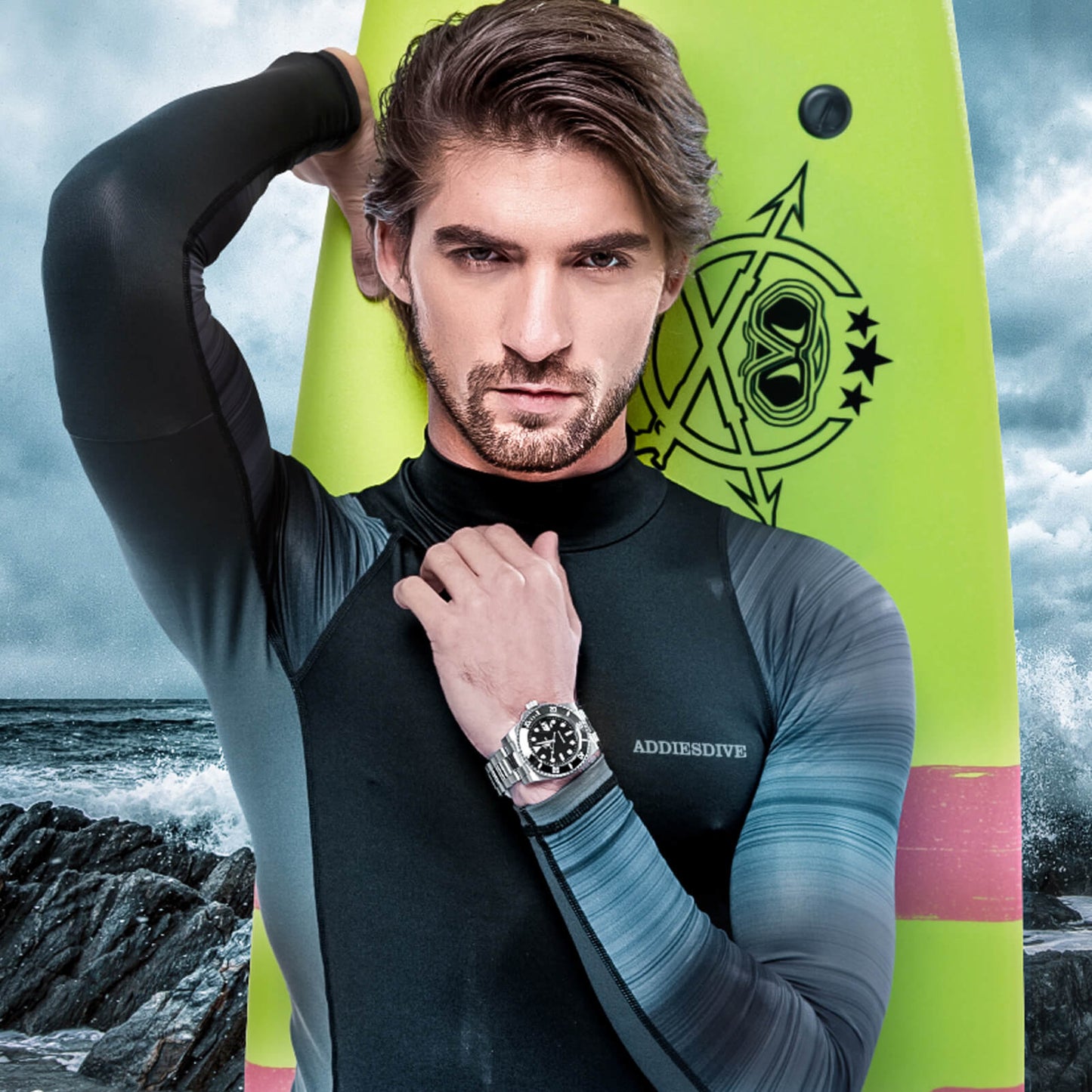 ★Especial Graduación★ADDIESDIVE Reloj Sub Quartz Diver's 200M (H3QZ)-sport watch-Correa de acero inoxidable-Negro-