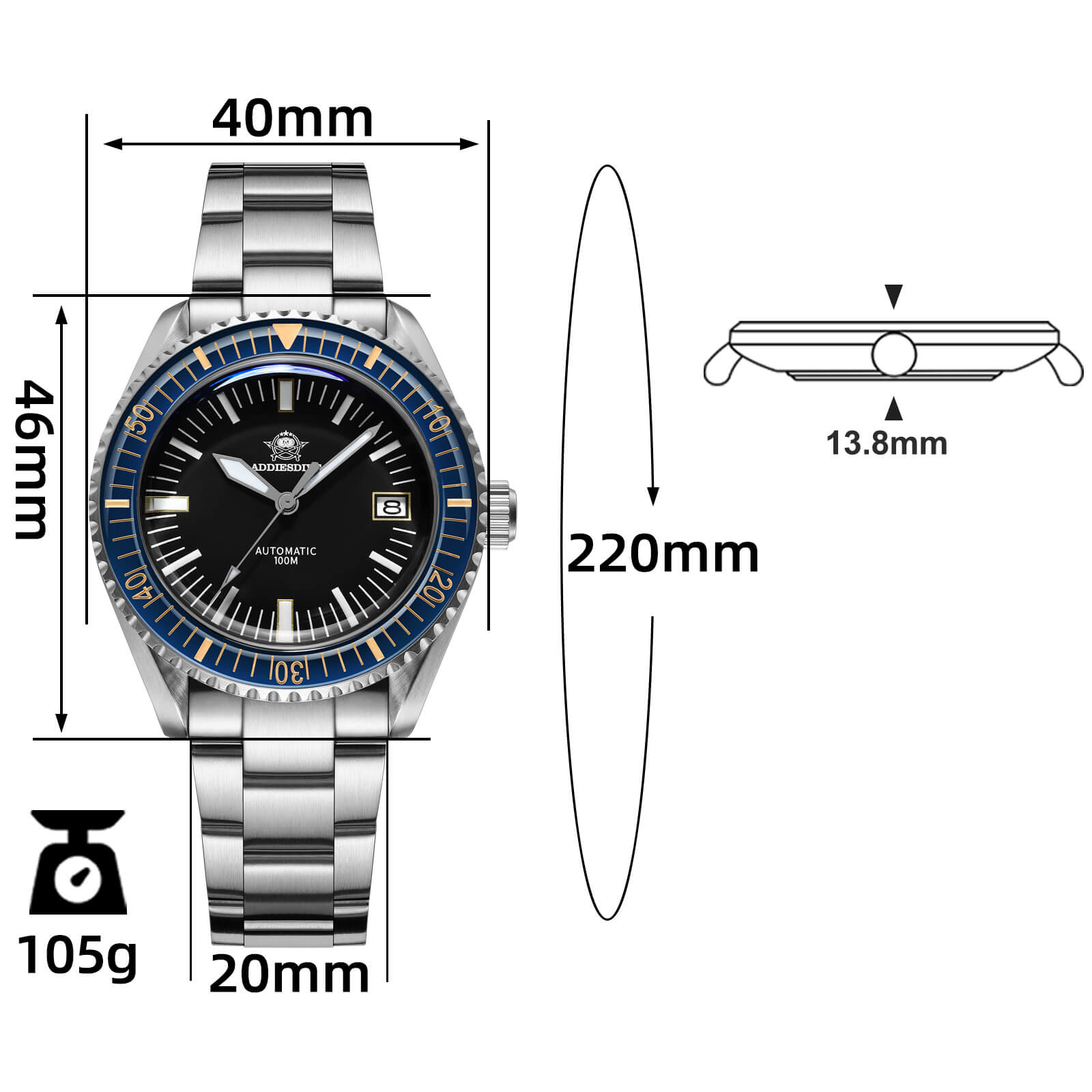 ★Especial Graduación★ADDIESDIVE Reloj de buceo automático Milsub AD2058-Correa de cuero-Negro-
