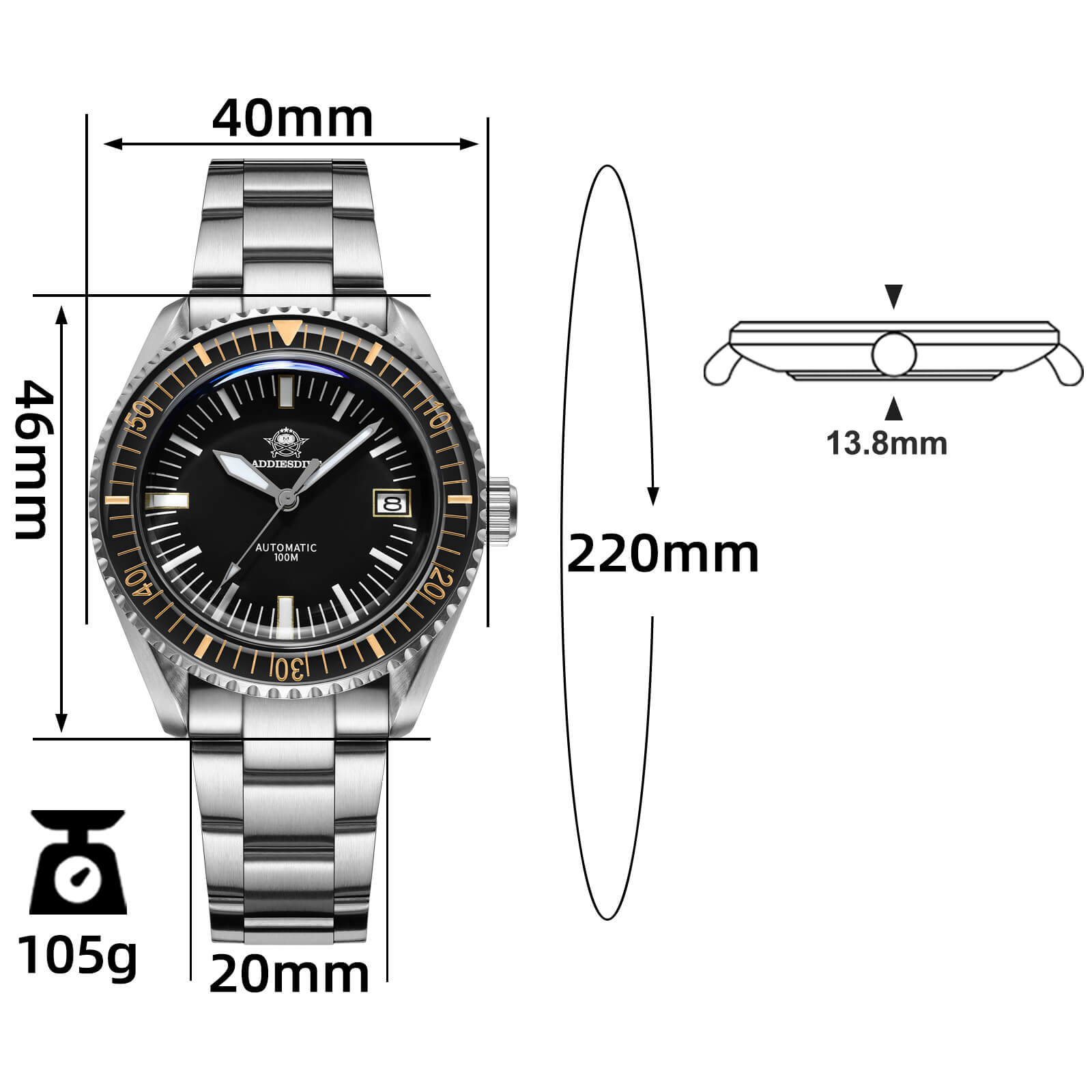 ★Especial Graduación★ADDIESDIVE Reloj de buceo automático Milsub AD2058-Correa de cuero-Negro-