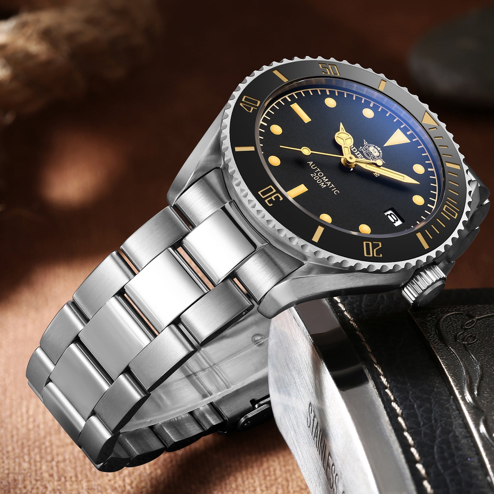 ★Oferta★ADDIESDIVE® Reloj de buceo automático de piel AD2101-Correa de cuero-