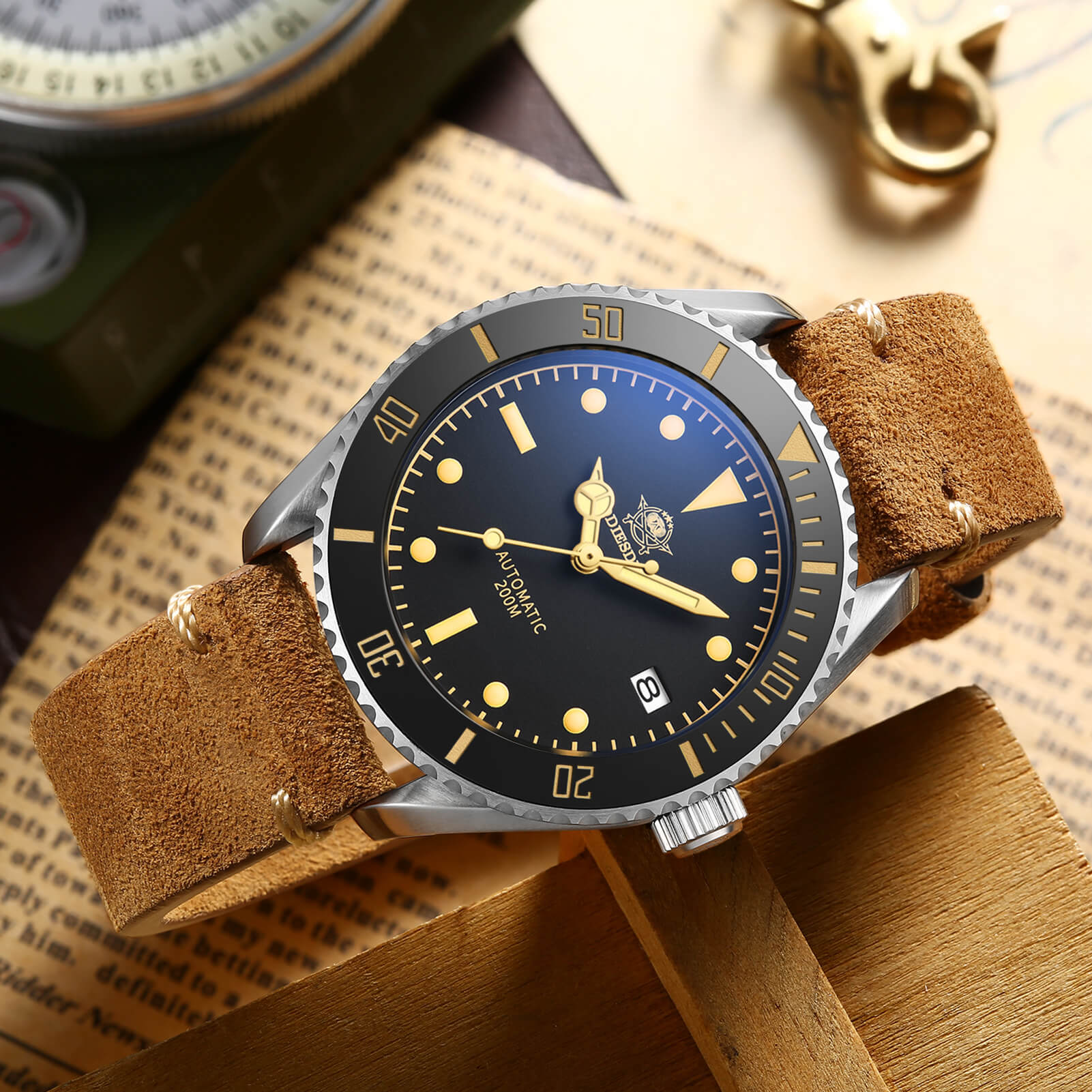 ★Oferta★ADDIESDIVE® Reloj de buceo automático de piel AD2101-Correa de cuero-