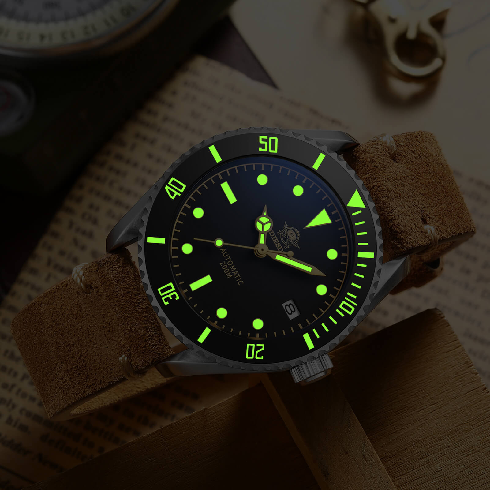 ★Oferta★ADDIESDIVE® Reloj de buceo automático de piel AD2101-Correa de cuero-