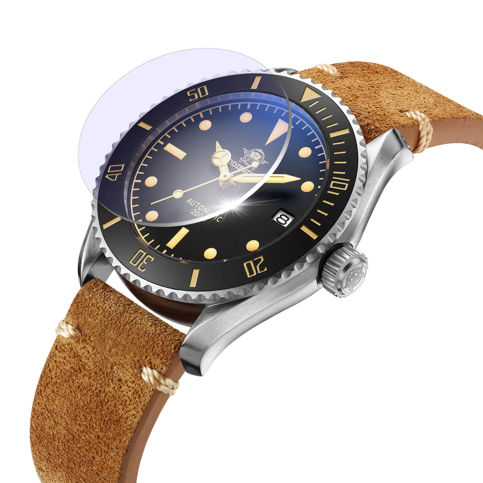 ★Oferta★ADDIESDIVE® Reloj de buceo automático de piel AD2101-Correa de cuero-