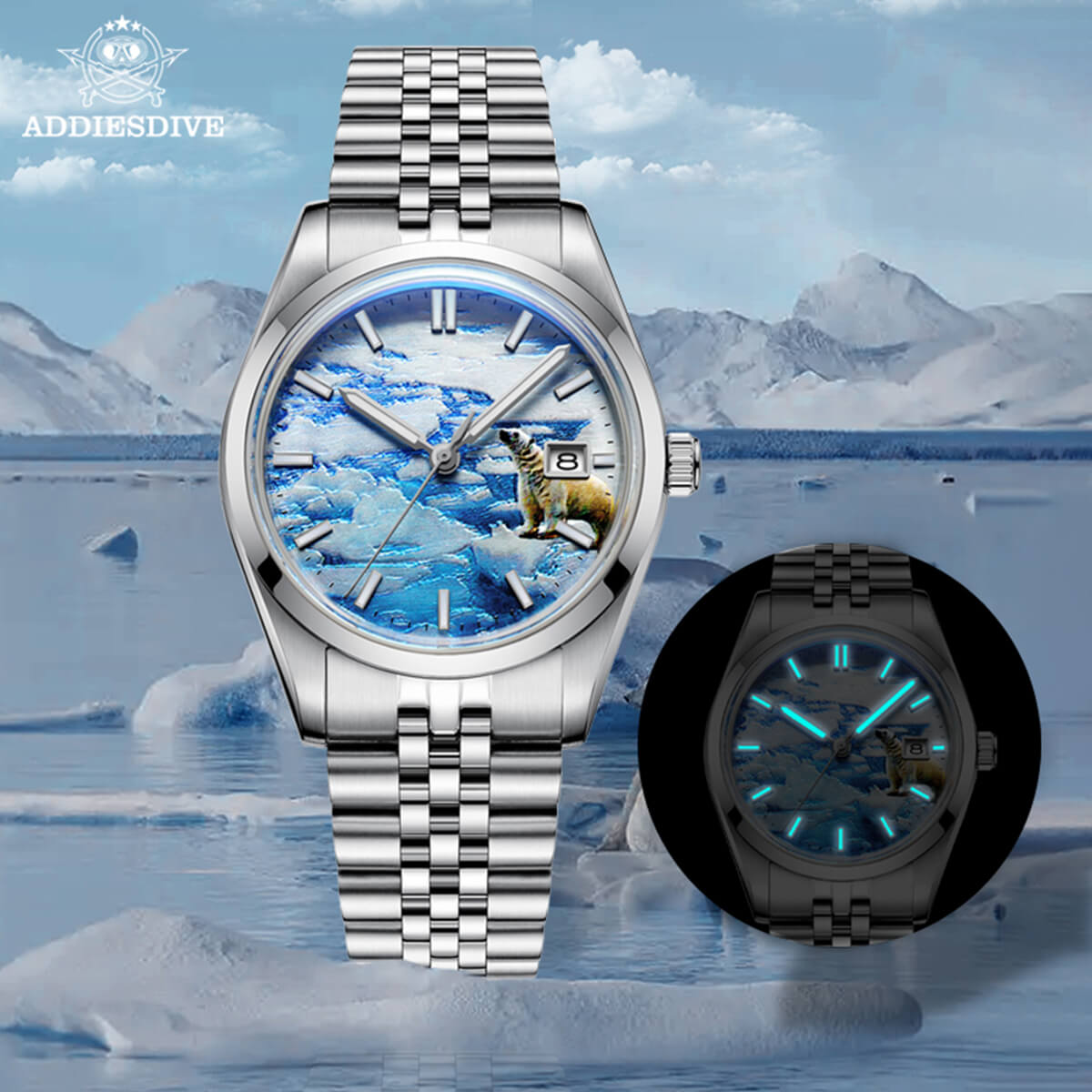 ★Oferta★Reloj automático Addiesdive 39mm 3D Glacier Polar Bear Dial (AD2042)-divers watch-