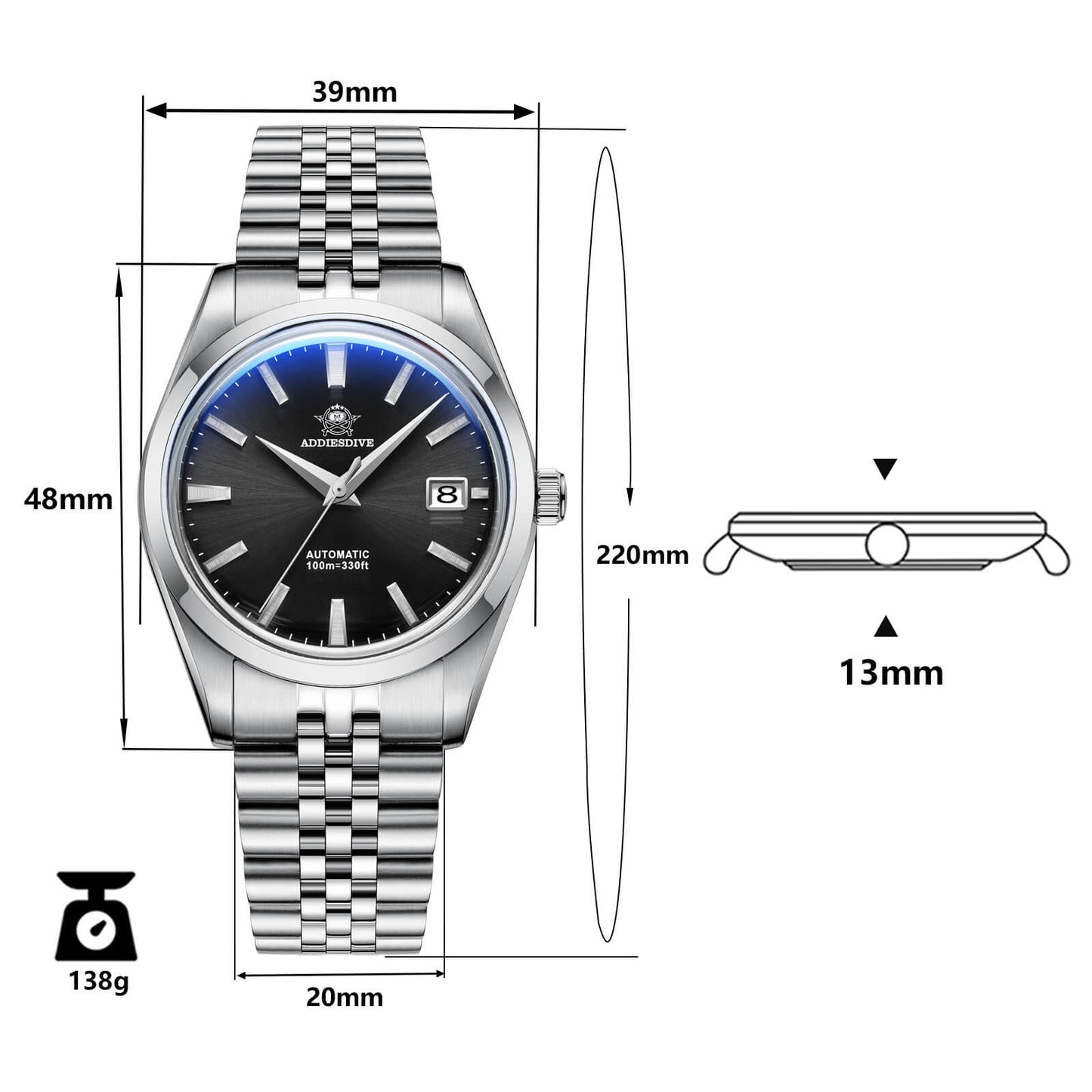 Reloj automático Addiesdive 39mm Diver's 100M NH35 (AD2029)-pilot watch-Blanco-