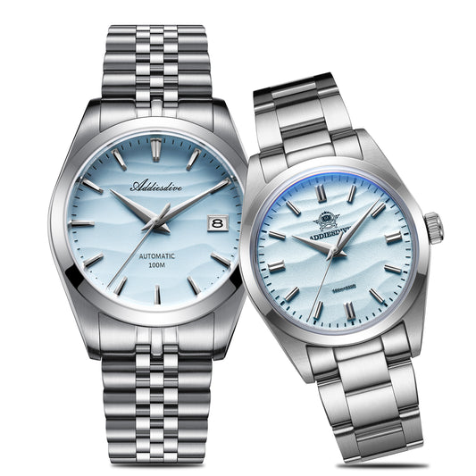 Relojes con esfera de arena para él y para ella: automático de 39 mm y cuarzo de 36 mm-Azul-