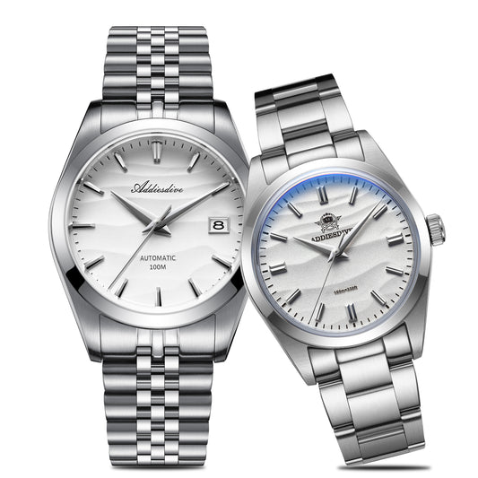 Relojes con esfera de arena para él y para ella: automático de 39 mm y cuarzo de 36 mm-Blanco-
