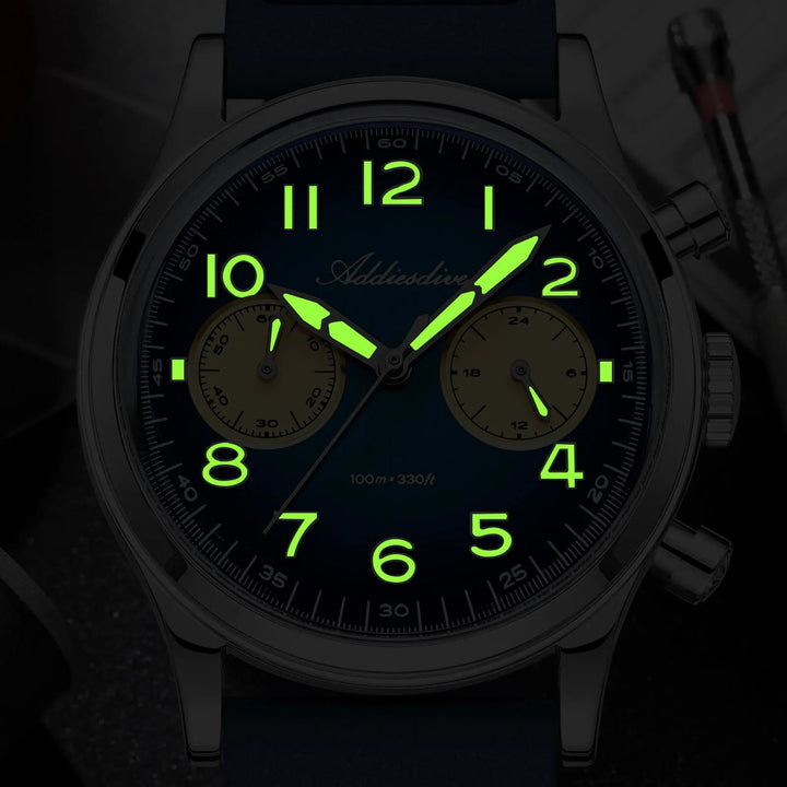 ADDIESDIVE AD2516 – Cronógrafo VK64 de 38 mm de tres subesferas con esfera azul marino / verde bosque para hombre - Addiesdiverelojes