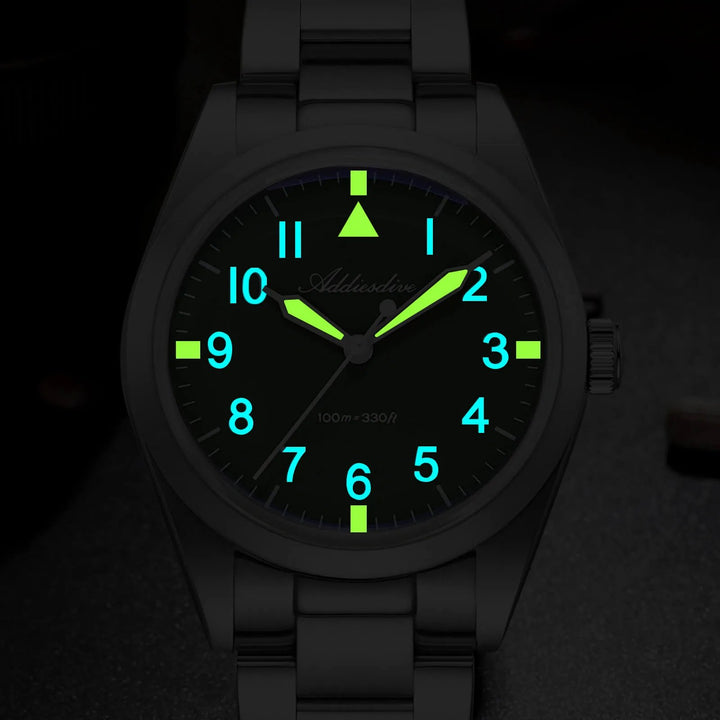 AD2502 – Reloj Militar Addiesdive con Brazalete de Titanio, 36mm, Cristal Abombado, Esfera Negra/Verde - Addiesdiverelojes