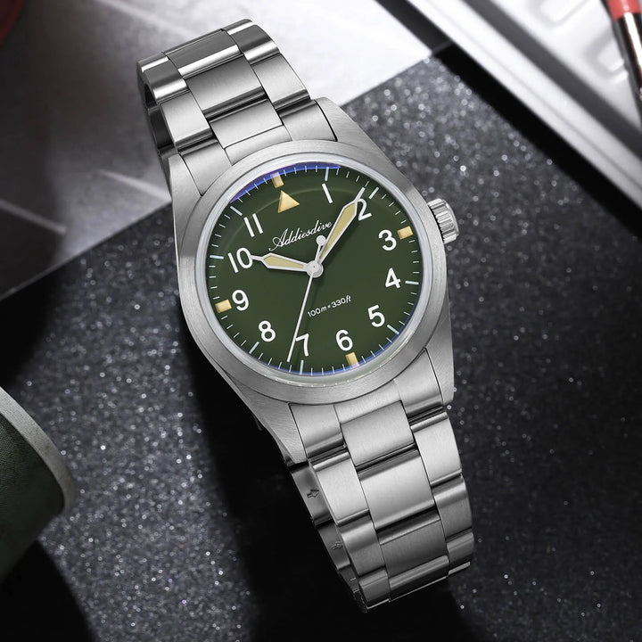 AD2502 – Reloj Militar Addiesdive con Brazalete de Titanio, 36mm, Cristal Abombado, Esfera Negra/Verde - Addiesdiverelojes