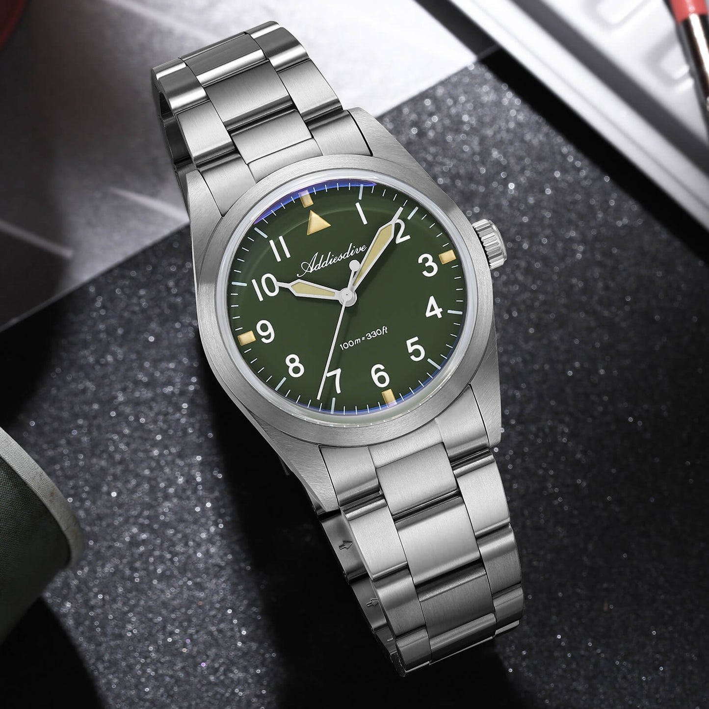 AD2502 – Reloj Militar Addiesdive con Brazalete de Titanio, 36mm, Cristal Abombado, Esfera Negra/Verde