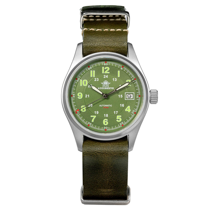 ★Oferta Semanal★ADDIESDIVE® Reloj automático elegante Diver 200M para hombre (AD2048)-Correa de cuero-Verde-