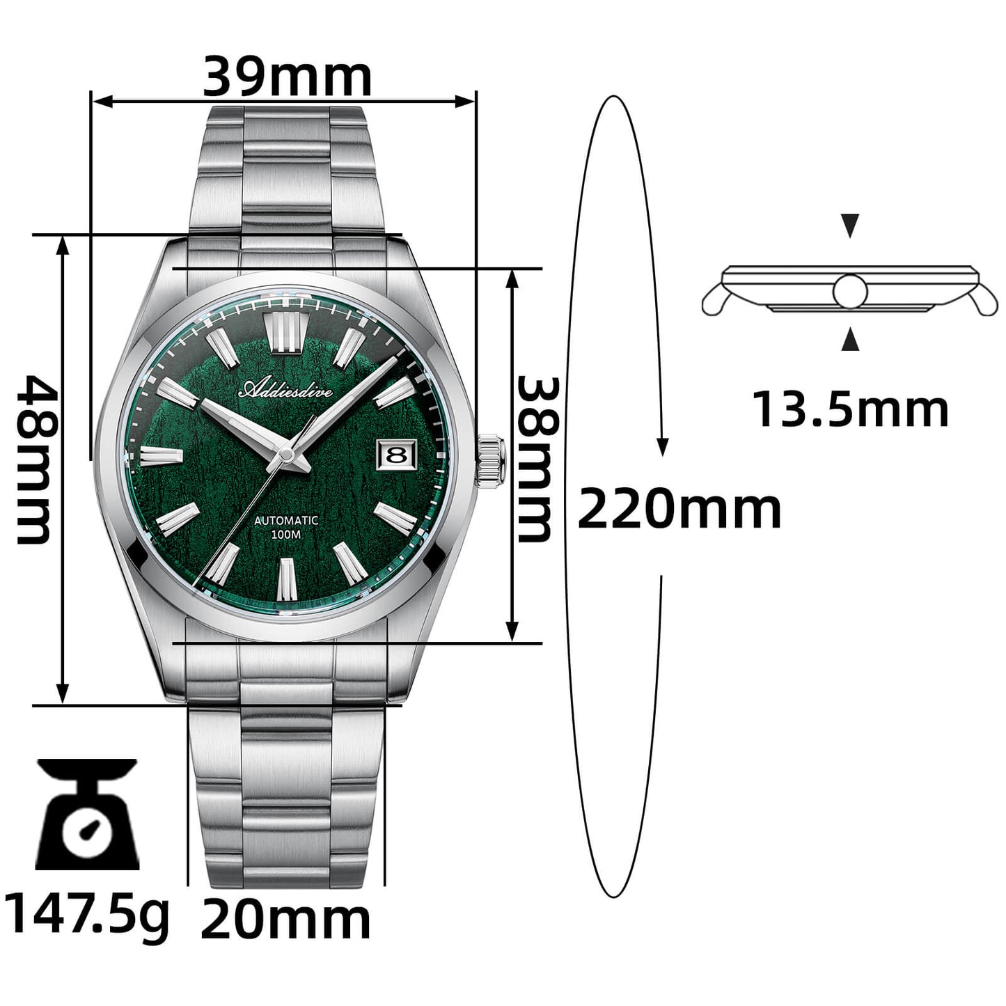 AD2075 Reloj de buceo automático de 39 mm Movimiento NH35 Tabla de tallas verde