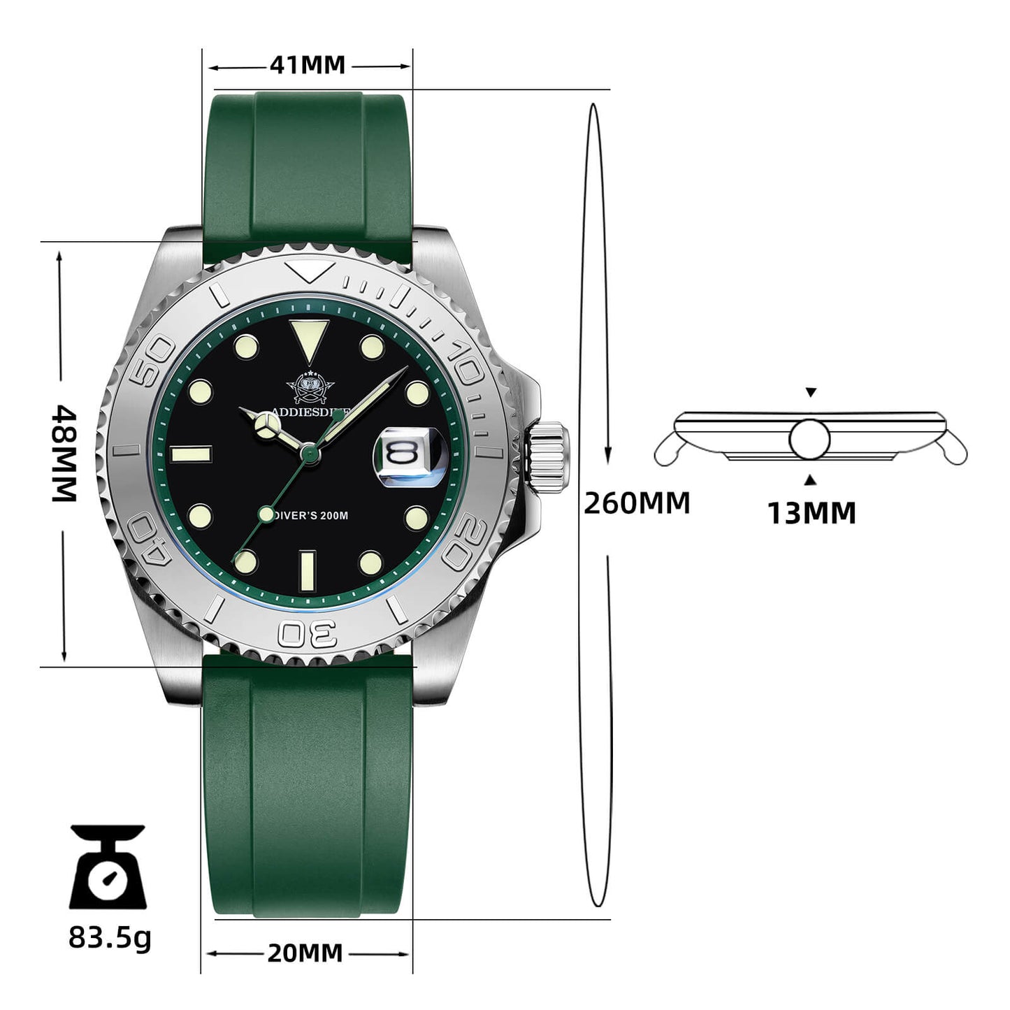 ADDIESDIVE Reloj deportivo de cuarzo de 41mm resistente al agua 200M (AD2040)