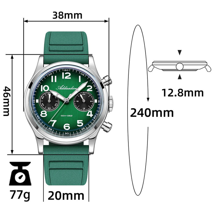 ADDIESDIVE AD2516 – Cronógrafo VK64 de 38 mm de tres subesferas con esfera azul marino / verde bosque para hombre - Addiesdiverelojes