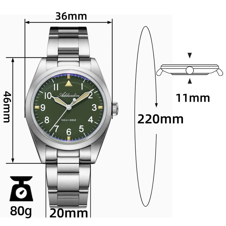 AD2502 – Reloj Militar Addiesdive con Brazalete de Titanio, 36mm, Cristal Abombado, Esfera Negra/Verde - Addiesdiverelojes