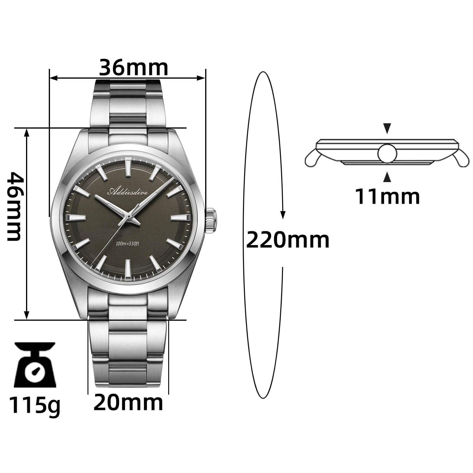 ADDIESDIVE Reloj de cuarzo VH31 de 36 mm AD2066