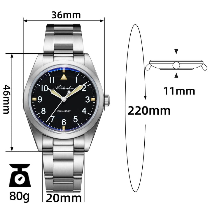 AD2502 – Reloj Militar Addiesdive con Brazalete de Titanio, 36mm, Cristal Abombado, Esfera Negra/Verde - Addiesdiverelojes