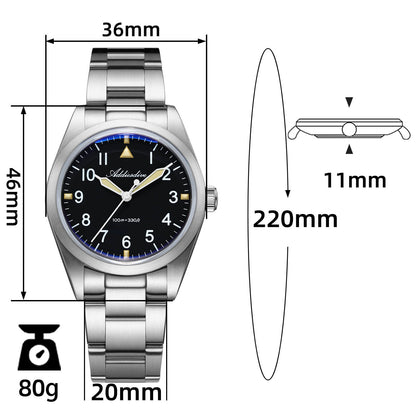 AD2502 – Reloj Militar Addiesdive con Brazalete de Titanio, 36mm, Cristal Abombado, Esfera Negra/Verde