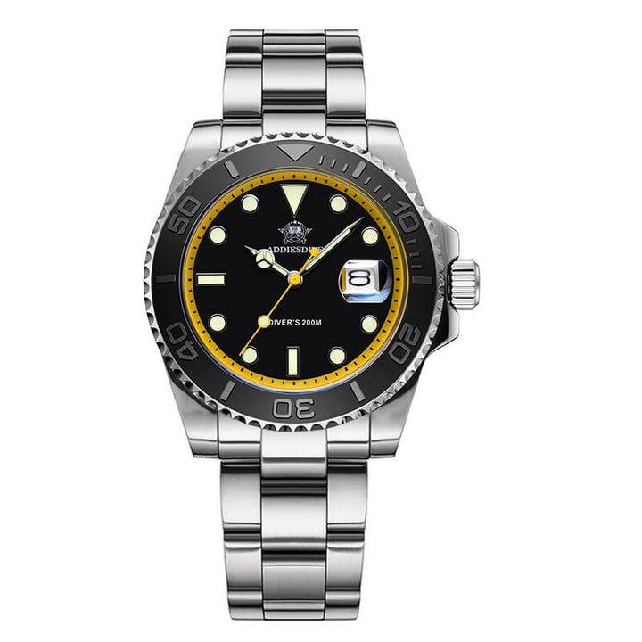 ★Especial Graduación★ADDIESDIVE Reloj deportivo de cuarzo de 41mm resistente al agua 200M (AD2040)-Correa de acero-Bisel negro-Amarillo