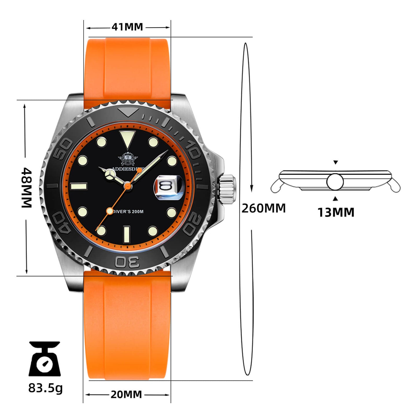 ADDIESDIVE Reloj deportivo de cuarzo de 41mm resistente al agua 200M (AD2040)