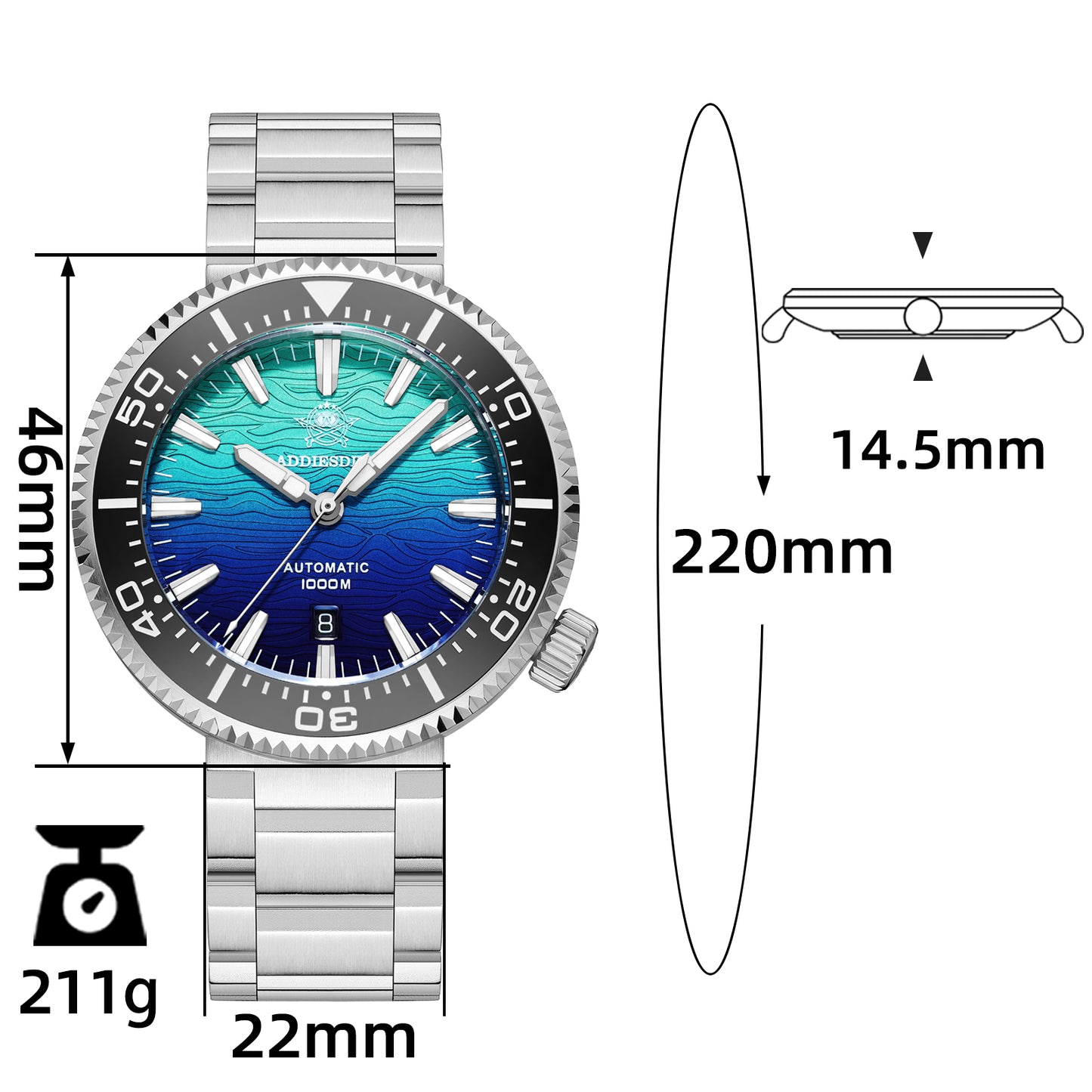 Addiesdive Reloj Buceo 46 mm AD2526 – Elegante Esfera Degradada, Automático Japonés 8215