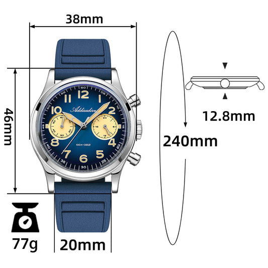 ADDIESDIVE AD2516 – Cronógrafo VK64 de 38 mm de tres subesferas con esfera azul marino / verde bosque para hombre