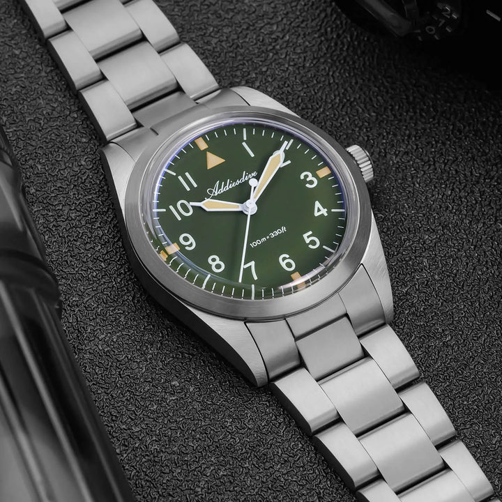 AD2502 – Reloj Militar Addiesdive con Brazalete de Titanio, 36mm, Cristal Abombado, Esfera Negra/Verde - Addiesdiverelojes