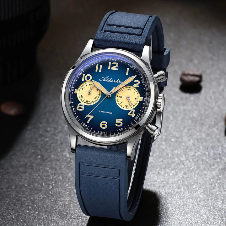 ADDIESDIVE AD2516 – Cronógrafo VK64 de 38 mm de tres subesferas con esfera azul marino / verde bosque para hombre - Addiesdiverelojes