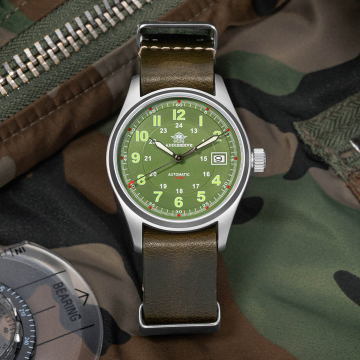 ★Oferta Semanal★ADDIESDIVE® Reloj automático elegante Diver 200M para hombre (AD2048)-Correa de cuero-Negro-