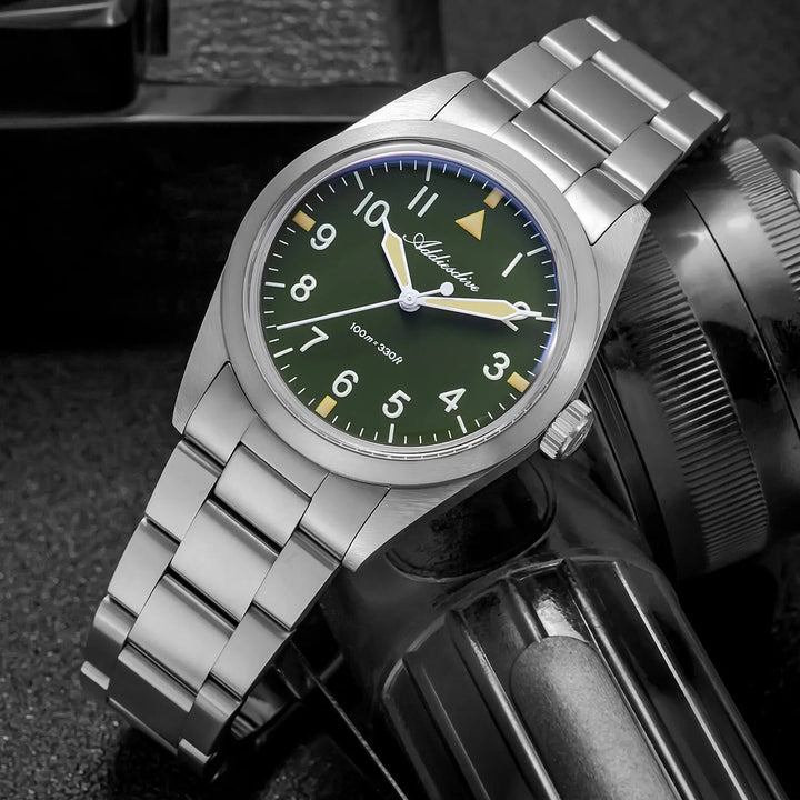 AD2502 – Reloj Militar Addiesdive con Brazalete de Titanio, 36mm, Cristal Abombado, Esfera Negra/Verde - Addiesdiverelojes