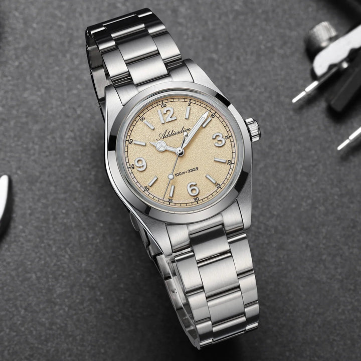 Esfera texturizada estilo arena – ADDIESDIVE AD2518 Reloj de campo VH31 de 36 mm - Addiesdiverelojes