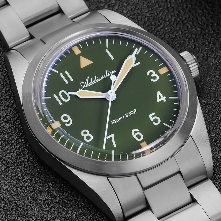 AD2502 – Reloj Militar Addiesdive con Brazalete de Titanio, 36mm, Cristal Abombado, Esfera Negra/Verde - Addiesdiverelojes