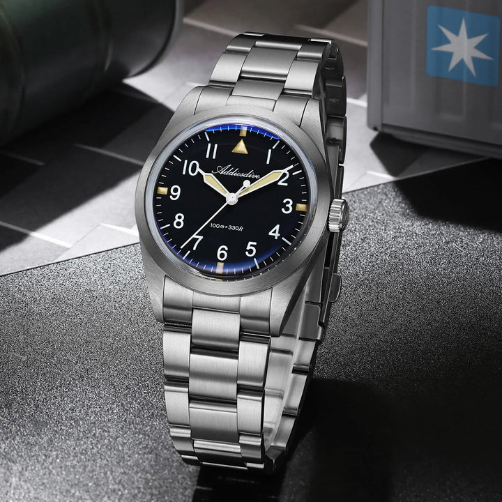 AD2502 – Reloj Militar Addiesdive con Brazalete de Titanio, 36mm, Cristal Abombado, Esfera Negra/Verde - Addiesdiverelojes