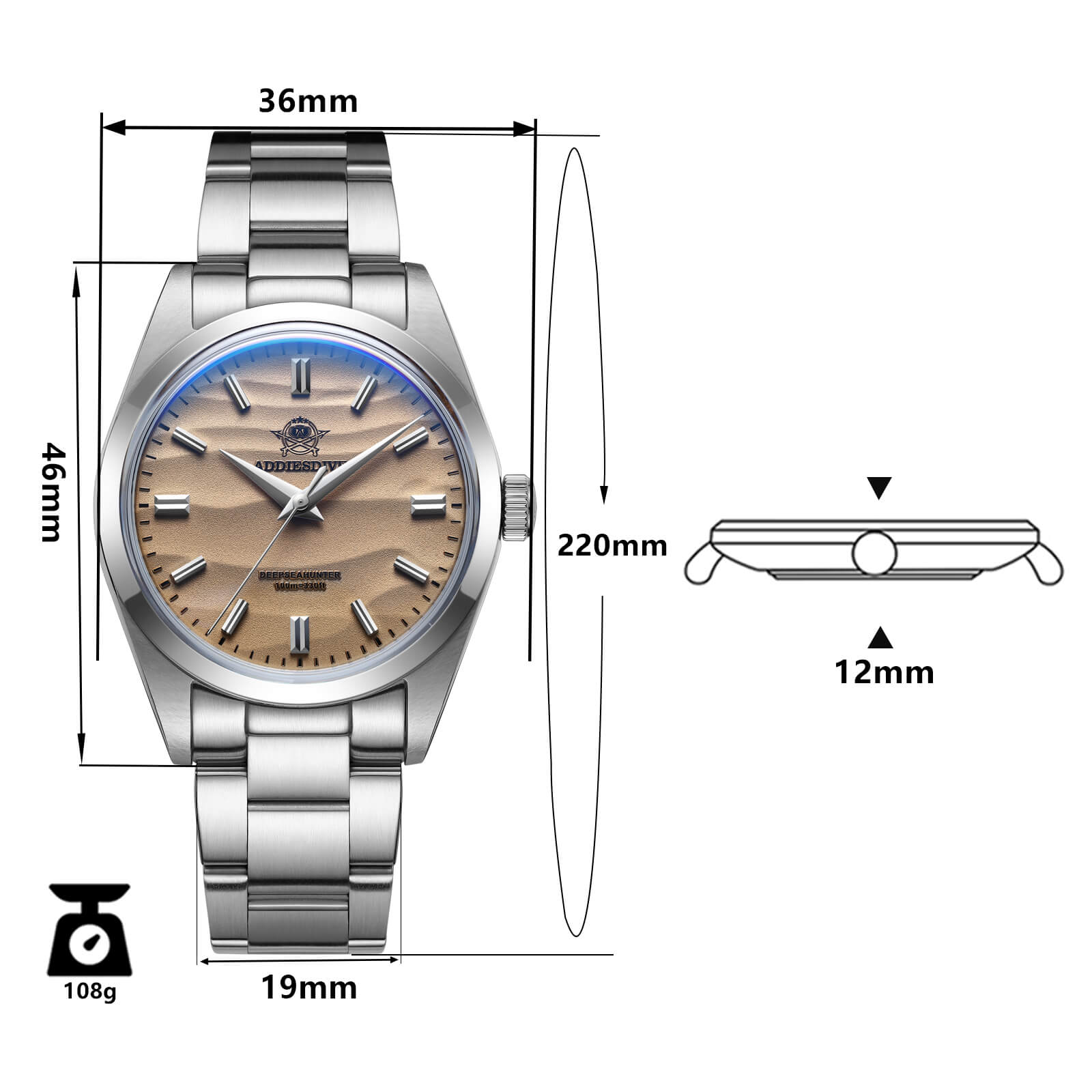 ADDIESDIVE 36mm Reloj de cuarzo VH31 Movimiento （AD2030）