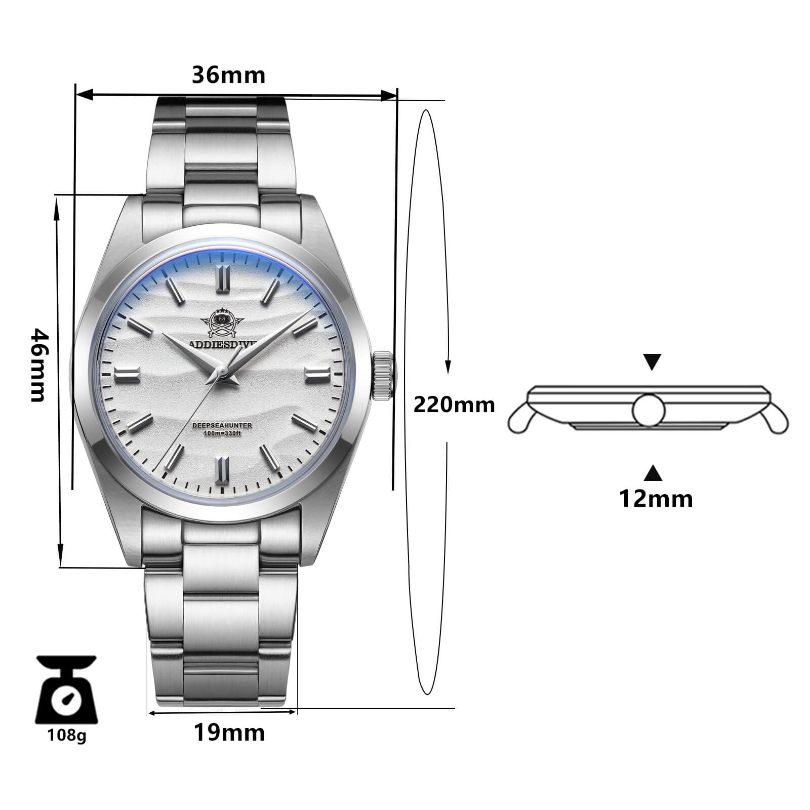 ADDIESDIVE 36mm Reloj de cuarzo VH31 Movimiento （AD2030）
