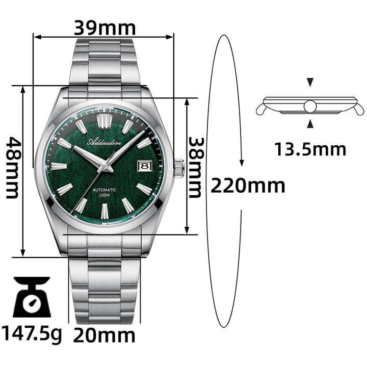 ADDIESDIVE Reloj automático NH35 con esfera con textura de corteza 3D de 39 mm AD2075-Verde-