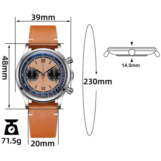 ADDIESDIVE Panda BB Cronógrafo Reloj Retro Hombre 38mm Reloj Cuarzo, AD2037-Esfera negra con correa marrón oscuro-