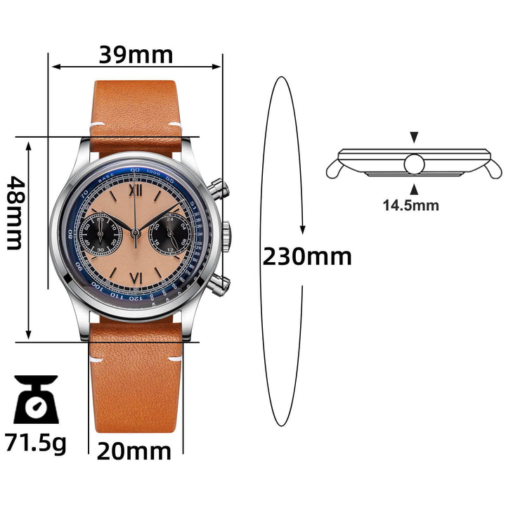 ADDIESDIVE Panda BB Cronógrafo Reloj Retro Hombre 38mm Reloj Cuarzo, AD2037-Esfera negra con correa marrón oscuro-