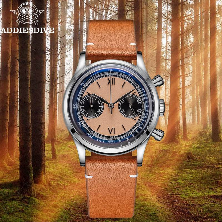 ADDIESDIVE Panda BB Cronógrafo Reloj Retro Hombre 38mm Reloj Cuarzo, AD2037-Esfera negra con correa marrón oscuro-