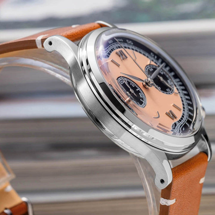 ADDIESDIVE Panda BB Cronógrafo Reloj Retro Hombre 38mm Reloj Cuarzo, AD2037-Esfera negra con correa marrón oscuro-