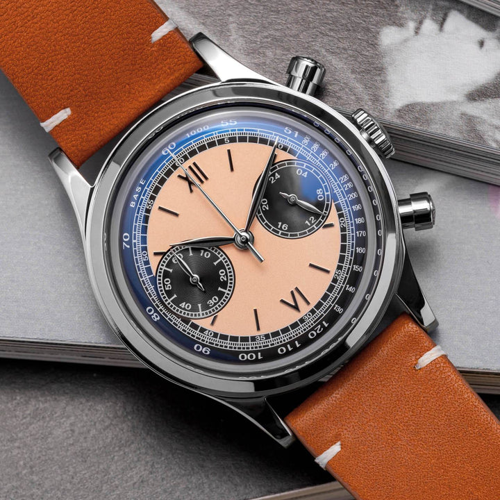 ADDIESDIVE Panda BB Cronógrafo Reloj Retro Hombre 38mm Reloj Cuarzo, AD2037-Esfera negra con correa marrón oscuro-