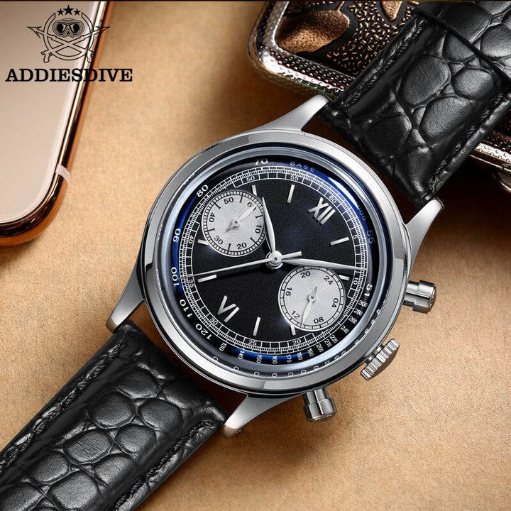 ADDIESDIVE Panda BB Cronógrafo Reloj Retro Hombre 38mm Reloj Cuarzo, AD2037-Esfera negra con correa marrón oscuro-