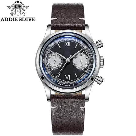 ADDIESDIVE Panda BB Cronógrafo Reloj Retro Hombre 38mm Reloj Cuarzo, AD2037-Esfera negra con correa marrón oscuro-
