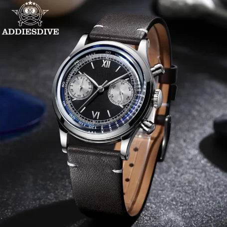 ADDIESDIVE Panda BB Cronógrafo Reloj Retro Hombre 38mm Reloj Cuarzo, AD2037-Esfera negra con correa marrón oscuro-