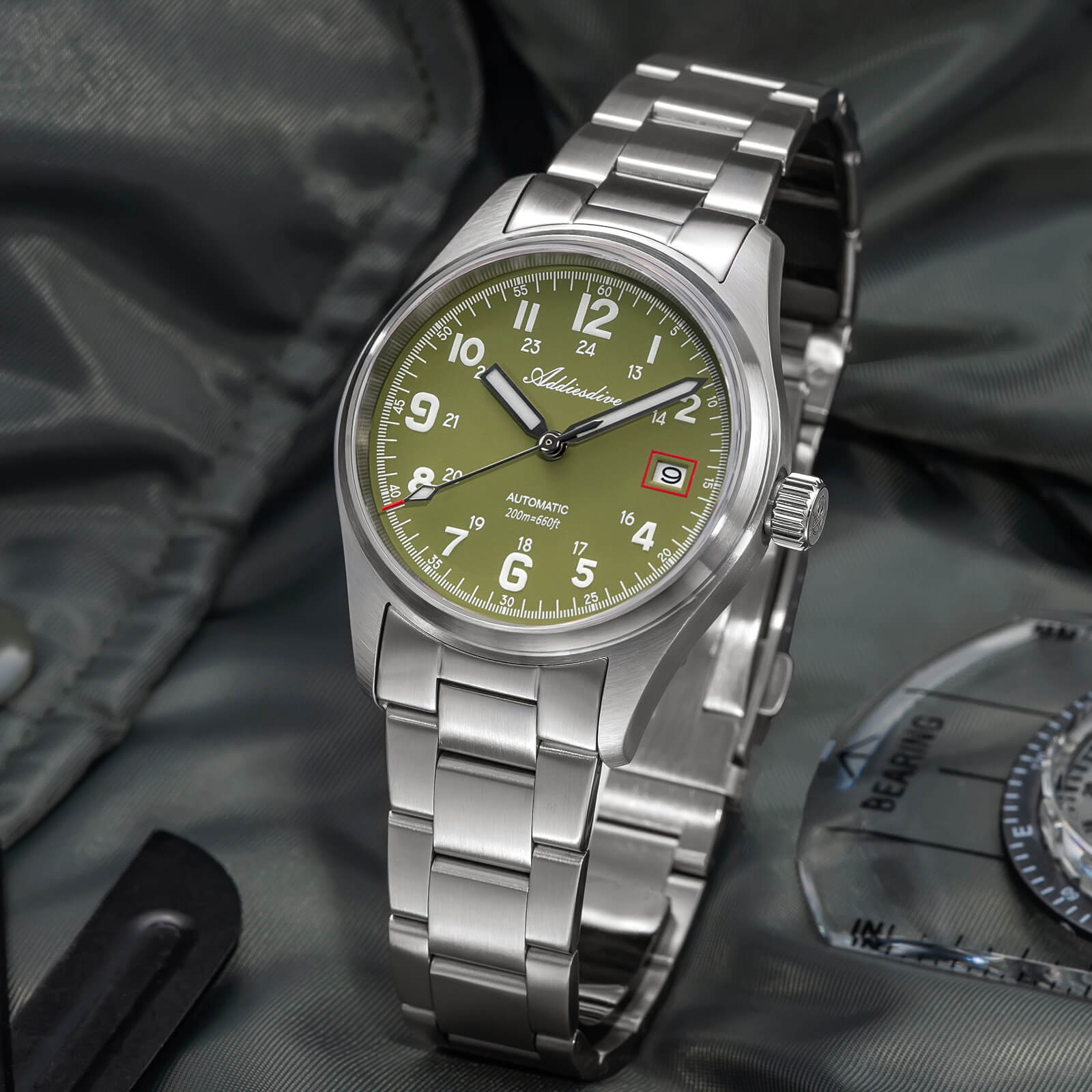 ADDIESDIVE Reloj automático Explore NH35 de 39 mm AD2070-Correa de acero-Negro-